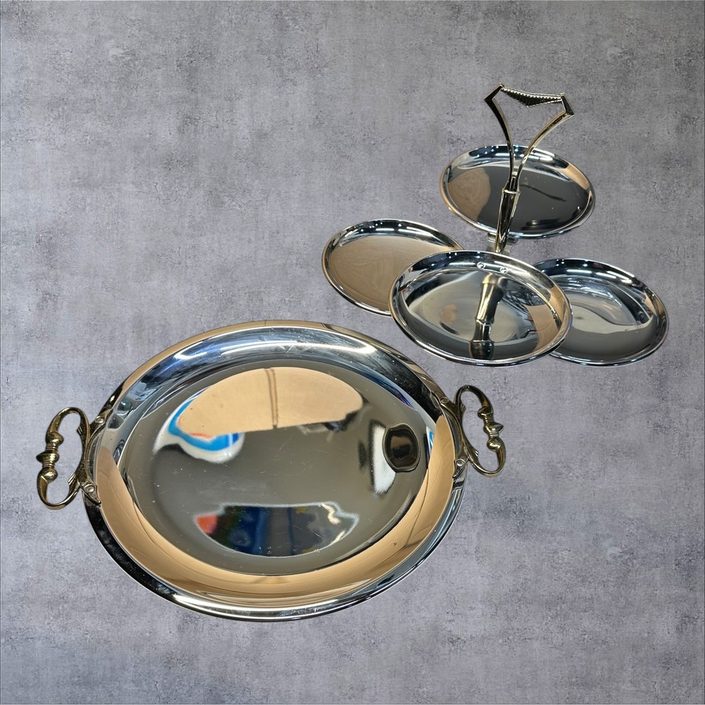 Vintage Kromex Serving Set Large Round Tray Gold Handles & 4 Tier Tidbit Server‎